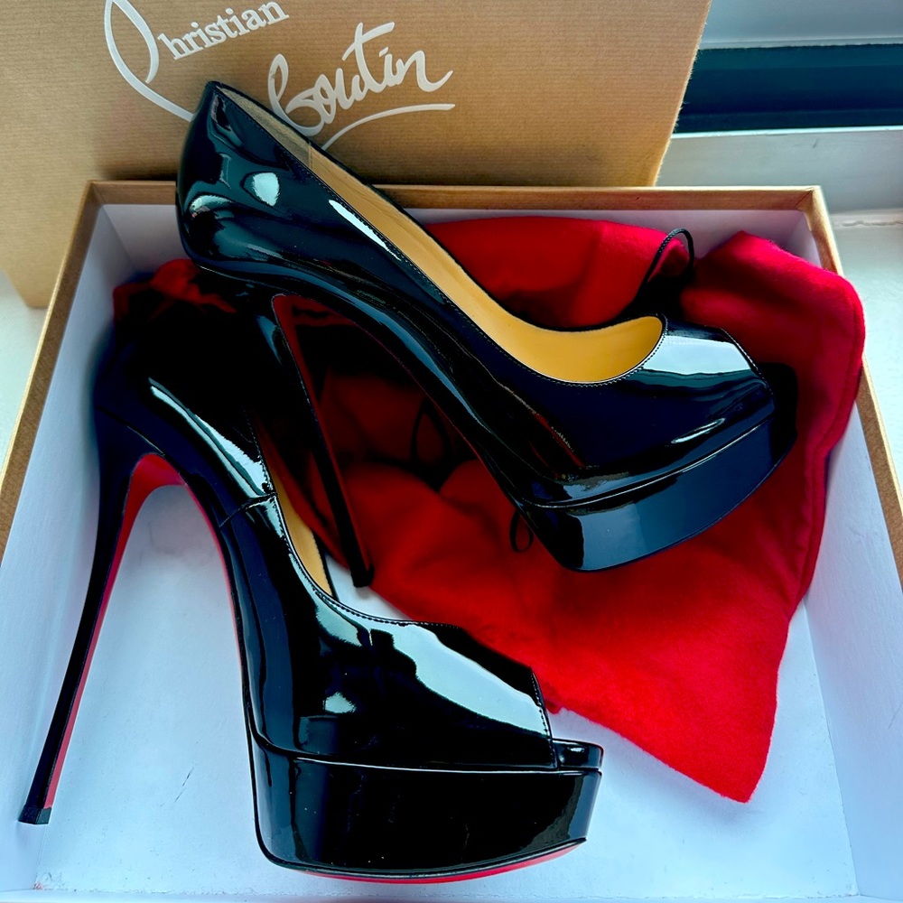 CHRISTIAN LOUBOUTIN FETISH PEEP 150 PUMPS BLACK PATENT